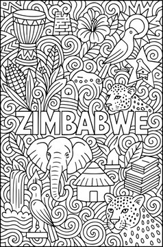Zimbabwe hand drawn vector illustration doodle art line art coloring page for kids	