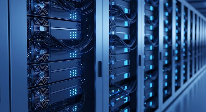 Modern server room with rows of glowing blue lights and cooling fans in a data center technology concept