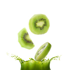Obraz premium Fresh kiwi pieces falling into splashing juice on white background