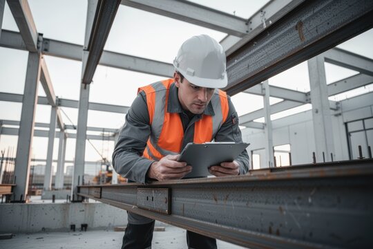 Construction worker inspecting steel beams with clipboard on site during inspection