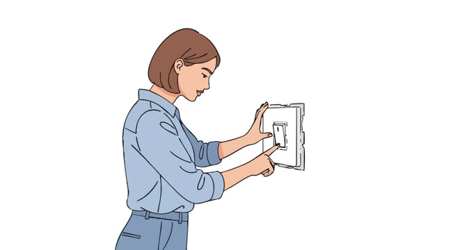 Woman pressing light switch on wall. Vector illustration of person turning on or off power, isolated on black background