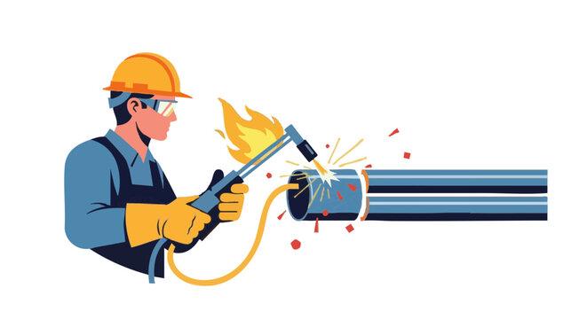 Industrial worker cutting metal pipe with acetylene torch vector illustration