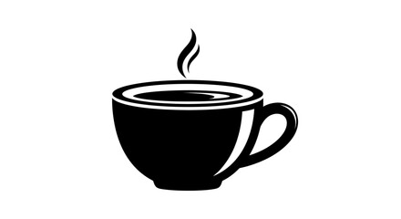 Obraz premium Black silhouette icon of a hot coffee cup with steam rising, isolated on a white background, minimalist beverage symbol