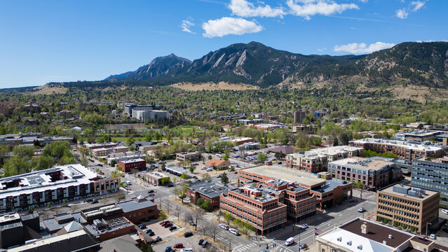 Flatiron mountain behind downtown boulder colorado on clear day 