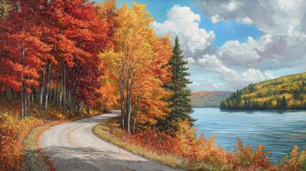Obraz premium Autumn road winds along a lake shore