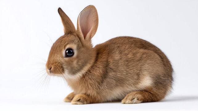 Cute brown rabbit sitting on white background
