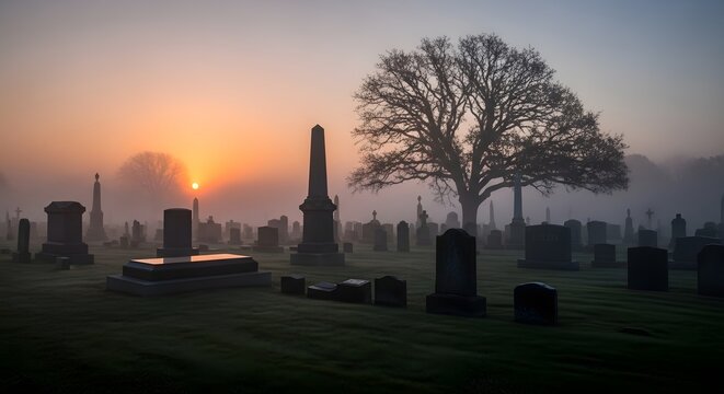 Cemetery scene with a sunset through the mist and headstones silhouettes