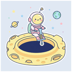 Cute astronaut riding a pogo stick on the moon. © PS STOCK