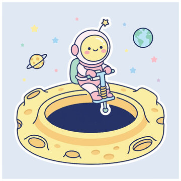 Cute astronaut riding a pogo stick on the moon.