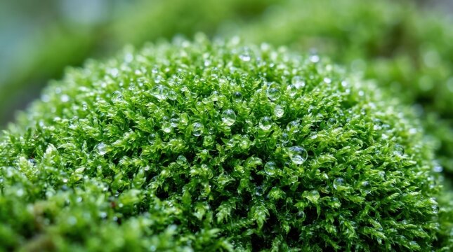 Close-up of vibrant green moss with water droplets, natures beauty.