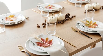 Fototapeta premium Decorated dining table with autumn leaves and pumpkins for seasonal celebration