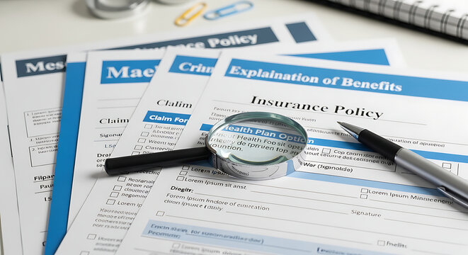 Insurance policy documents with magnifying glass and pen on top explaining benefits