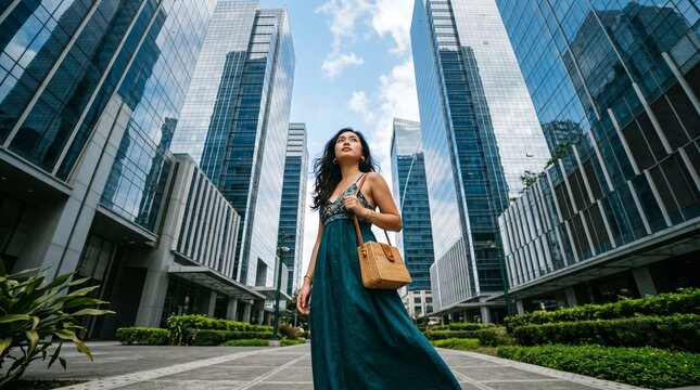 The scale of modern ambition meeting the grace of the individual. Standing amidst glass giants, this gaze upward reflects a spirit of discovery, navigation, and finding one's place in a vast world.