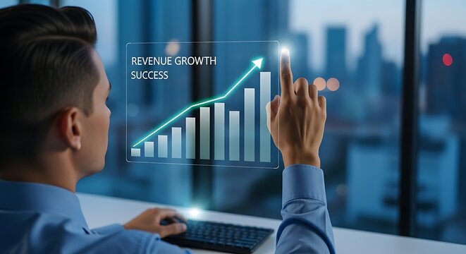 Data analysis and business growth concept. A business analyst's hand uses a finger to trace an ascending line on a holographic chart, symbolizing revenue growth and success.