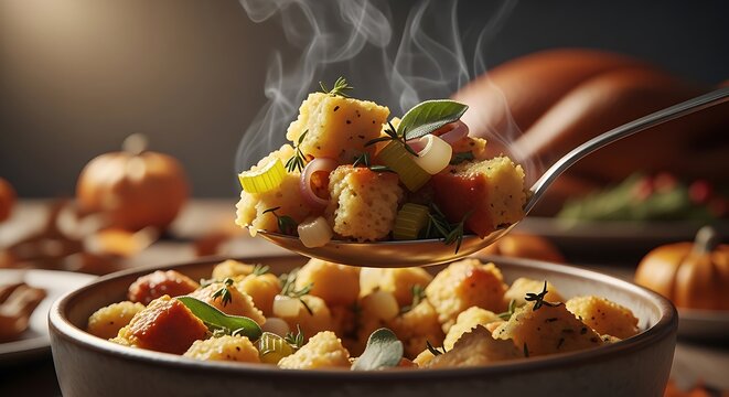 Spoonful of savory stuffing being served in a rustic kitchen