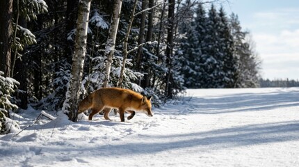 Fototapeta premium Fox in Winter Wonderland - A Snowy Forest Scene.