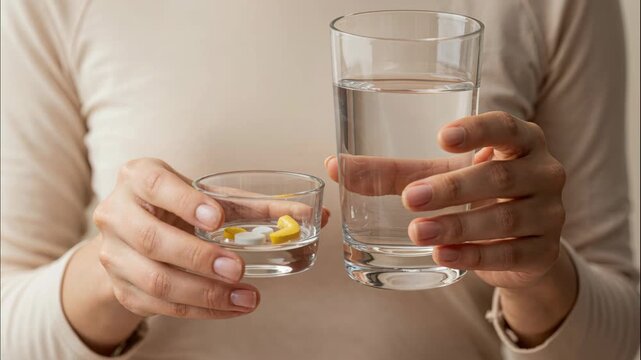 Taking the Medicine: A person carefully holds a glass of water and pills, demonstrating a commitment to health and wellness. Emphasizing the daily ritual of taking medication.
