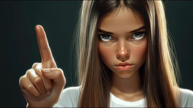 Focused Determination: A young woman exudes an air of determination and resolve, her direct gaze and pointed finger conveying a message of assertiveness and resolve.
