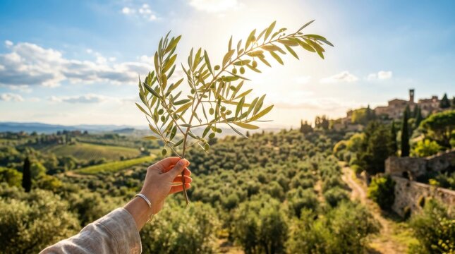 Hand holding olive branch against scenic Tuscan landscape.
