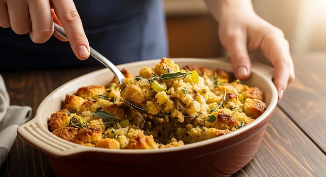 A person serving stuffing from a baking dish in a cozy kitchen
