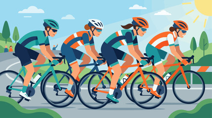 Fototapeta premium This empowering flat design illustration features a group of female cyclists demonstrating strength and determination in a competitive road race.