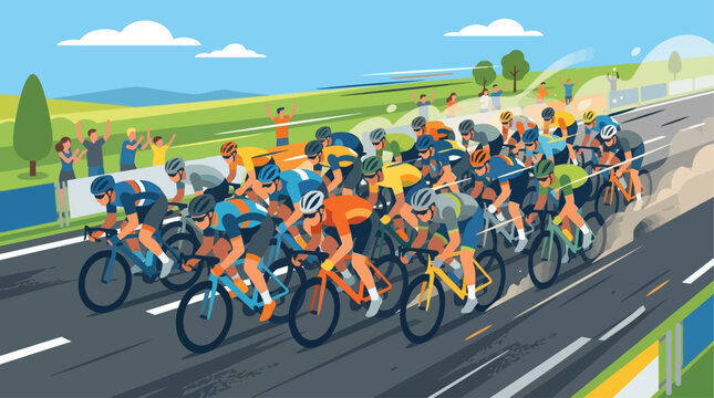 An energetic flat design illustration depicting a professional cycling peloton in a dynamic full sprint, emphasizing speed and competitive action. The composition highlights synchronized movement