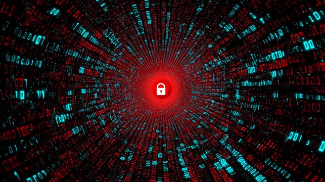 A glowing red padlock at the epicenter of a swirling digital data vortex symbolizes robust cybersecurity and protection.