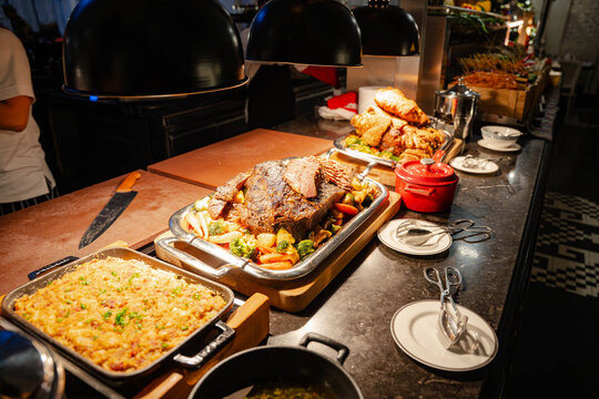 close-up view of a professional carvery station at an upscale buffet