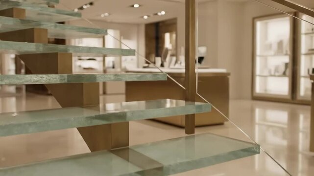 Transparent glass tread staircase stairs ideas design with brushed gold posts, glossy cream floor, refined luxury boutique interior, airy floating steps for elegant modern architecture detail