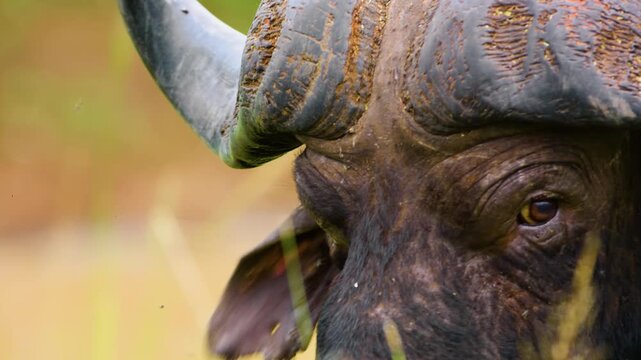 Extreme close up of a Cape buffalo (Syncerus caffer) Looking straight into the camera. South Africa.