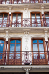 Obraz premium Architectural detail of a beautiful old building in the historic center of Toledo, a tourist city in Castile La Mancha, Spain.