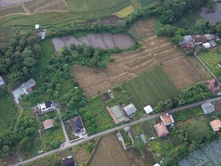 Aerial Drone Shot of Rural Village, Rice Paddy Fields, and Agricultural Land © Fadhilah