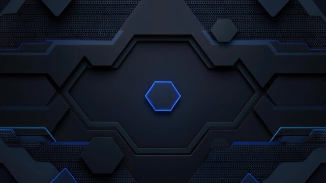 Tech Hexagon Backdrop: A mesmerizing abstract composition featuring a network of interconnected black and blue hexagons, creating a modern and futuristic backdrop.