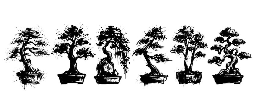 bonsai tree , Grunge brush distressed paint splatter vector set 