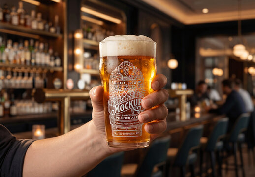 Hand Holding Glass Of Cold Beer Mockup