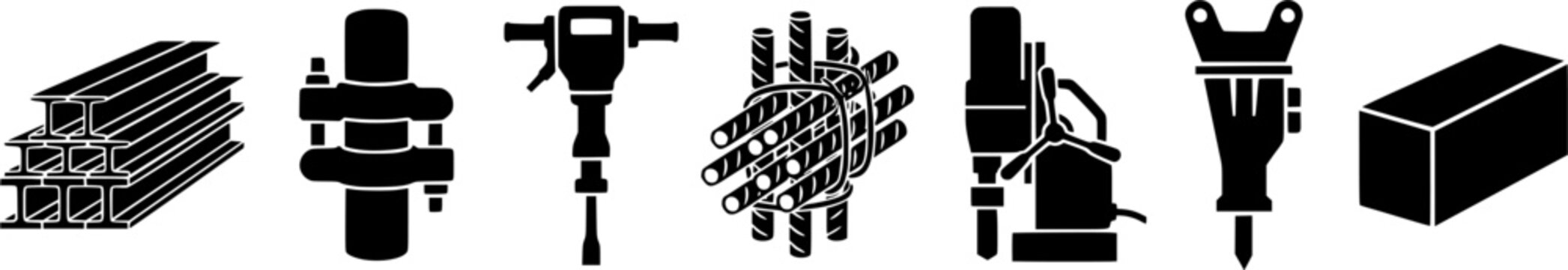 Essential construction building materials and heavy equipment silhouettes including stacked lumber, rebar, jackhammer, scaffolding clamp, and a soil compactor for industrial graphics.