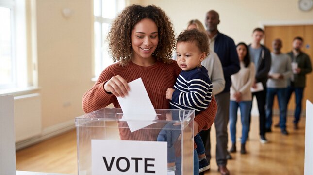 Smiling woman with a young child places her ballot into a transparent voting box during a democratic election process in a community center.