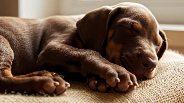 brown doberman puppy sleeping close up on woven beige blanket near window light, tiny paws forward, relaxed newborn pet portrait with soft fur texture and cozy home atmosphere, peaceful nap, calm