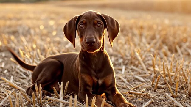 brown doberman puppy sitting in harvested wheat field at sunset, side profile with golden rim light, soft stubble texture, calm rural pet portrait, warm countryside atmosphere, quiet gaze, calm light