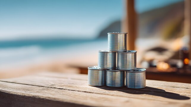 Stack of aluminum cans arranged in pyramid on wooden table by beach.
