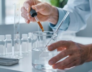 Fototapeta premium Scientist adding liquid drops to beaker in laboratory setting for perfume hobbies