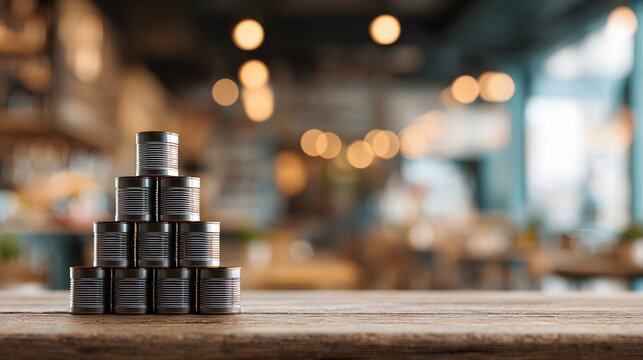 Stack of aluminum cans arranged in pyramid on table with blurred cafe background.