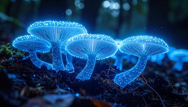 Bioluminescent Blue Mycelium Mushrooms Glowing in Dark Forest Floor
