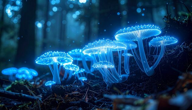 Colony of Glowing Blue Bioluminescent Fungi in Misty Dark Forest
