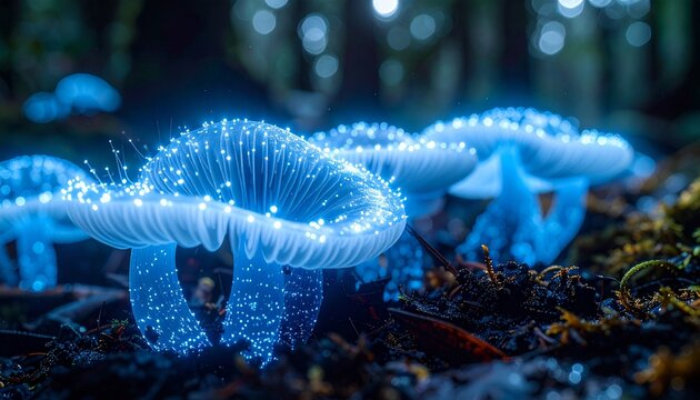 Close-Up Glowing Blue Mycelium Network on Luminous Wild Mushroom
