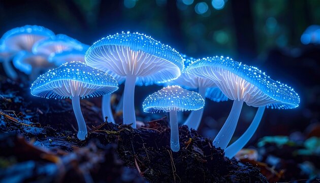 Ethereal Blue Bioluminescent Mushroom Cluster Emerging from Dark Soil
