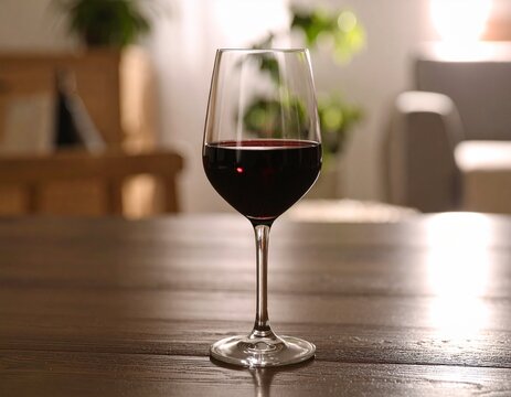 Glass of Red Wine on Wooden Table in Cozy Home Setting