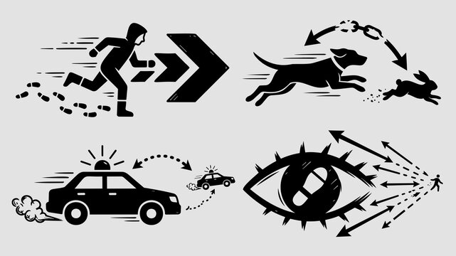 sequence graphics depicting fugitive escape, pursuit, police interception, and watchful eye monitoring also known as pursuit, evasion motifs, or surveillance symbols.