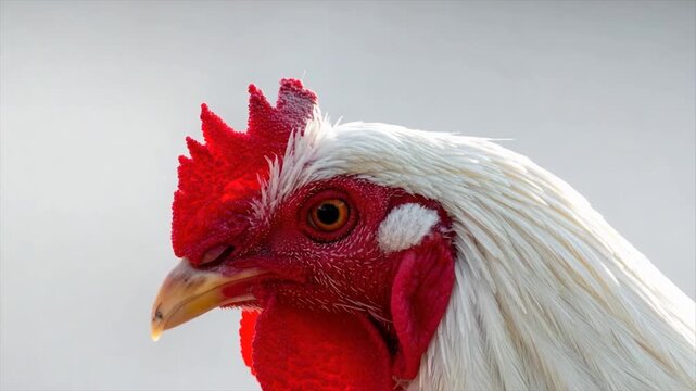 Close-up of a rooster's profile, showcasing red comb and wattle, white feathers, and an eye