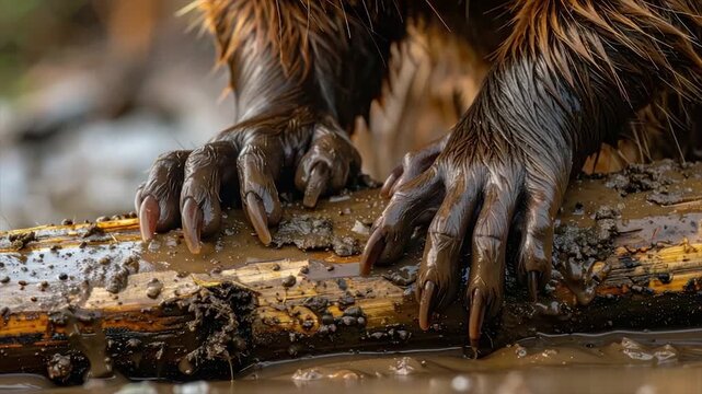 Close-up of large, clawed paws of a beaver resting on a muddy log, water and earth